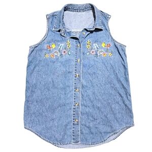 VTG Grannycore Denim Button-Up Vest Wmns M Embroidered Tropical Fish & Seashells